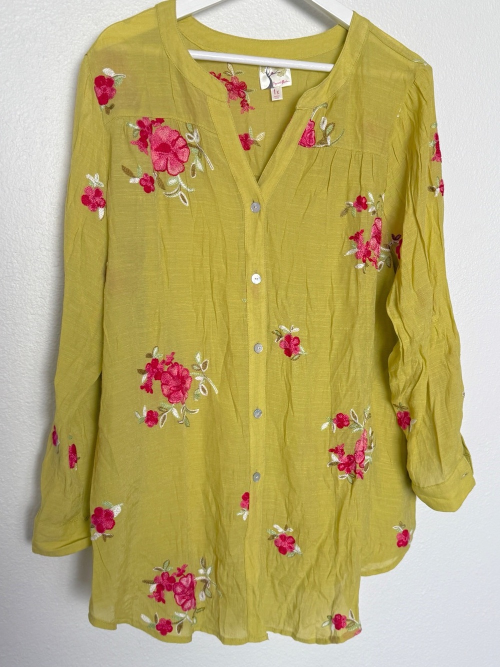 Fig and Flower Tunic Embroidered Floral Lime Green 1X